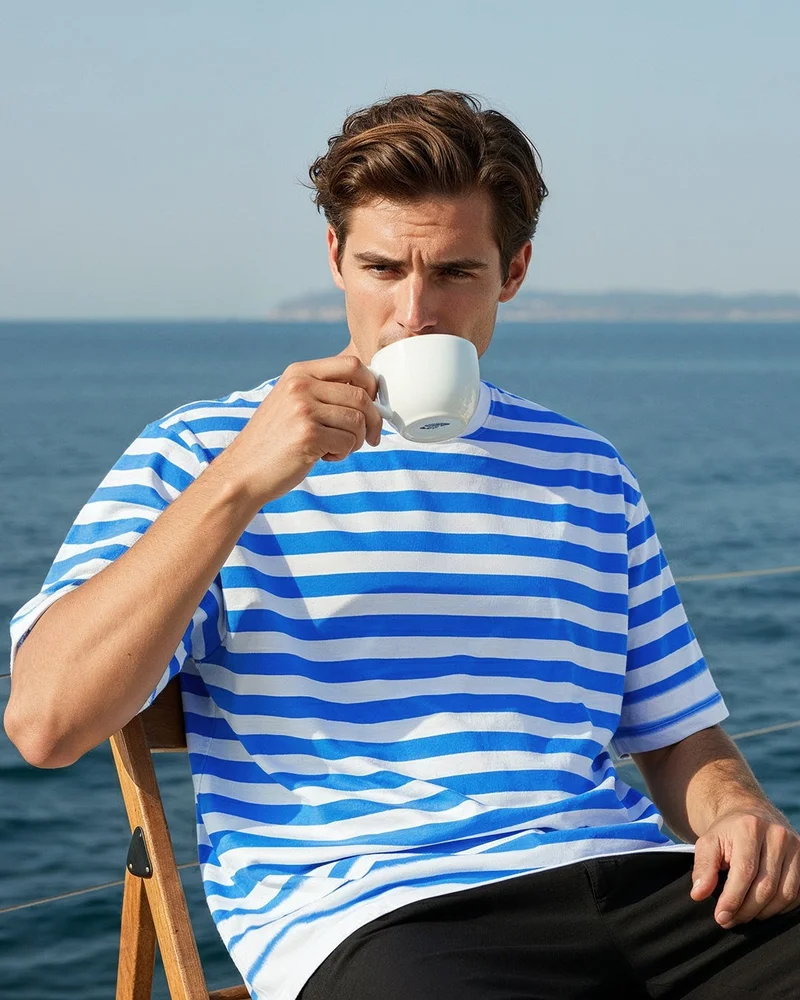 بيواكوف تيشيرت رجالي مخطط أزرق وأبيض كبير الحجم